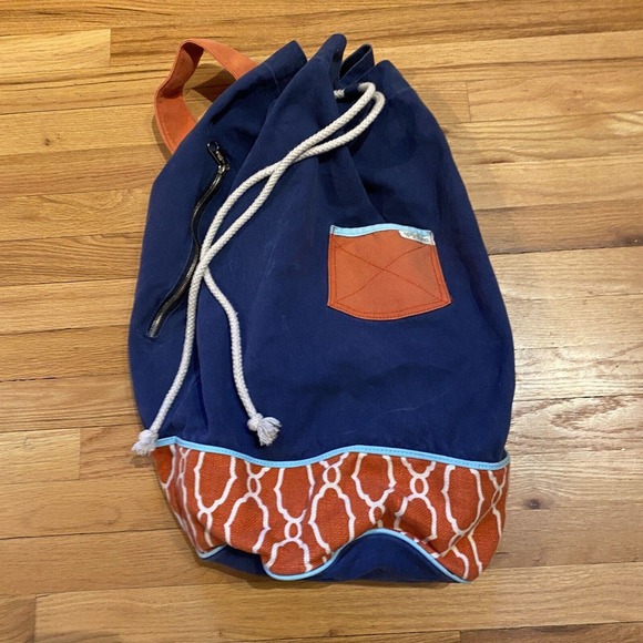Spartina 449 Large Drawstring Beach Tote Bag Backpack One Strap Canvas Navy - Picture 1 of 9